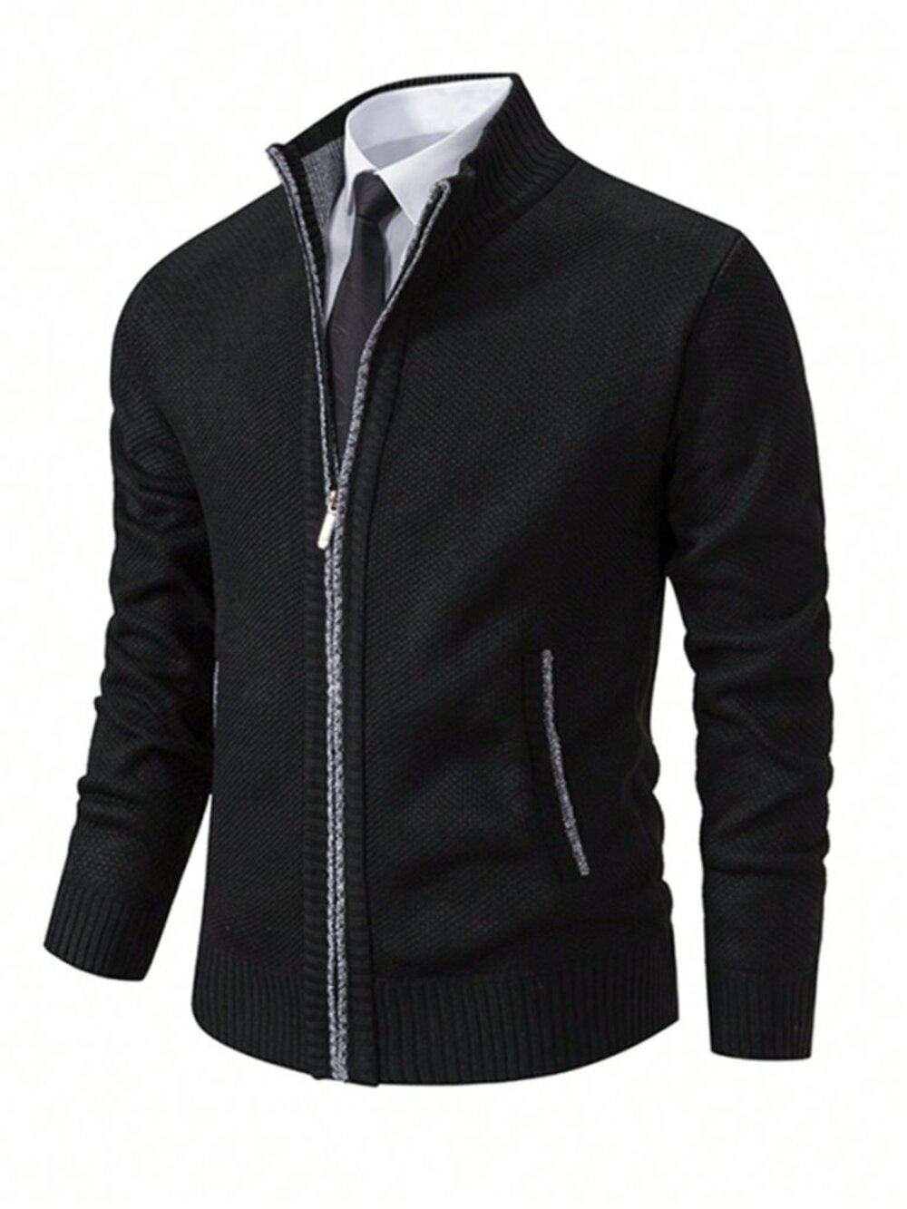 Black Casual Men's Long Sleeve Thermal Lined Sweatshirt Jacket
